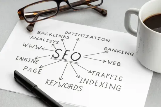 SEO keywords diagram on paper beside eyeglasses and a coffee cup