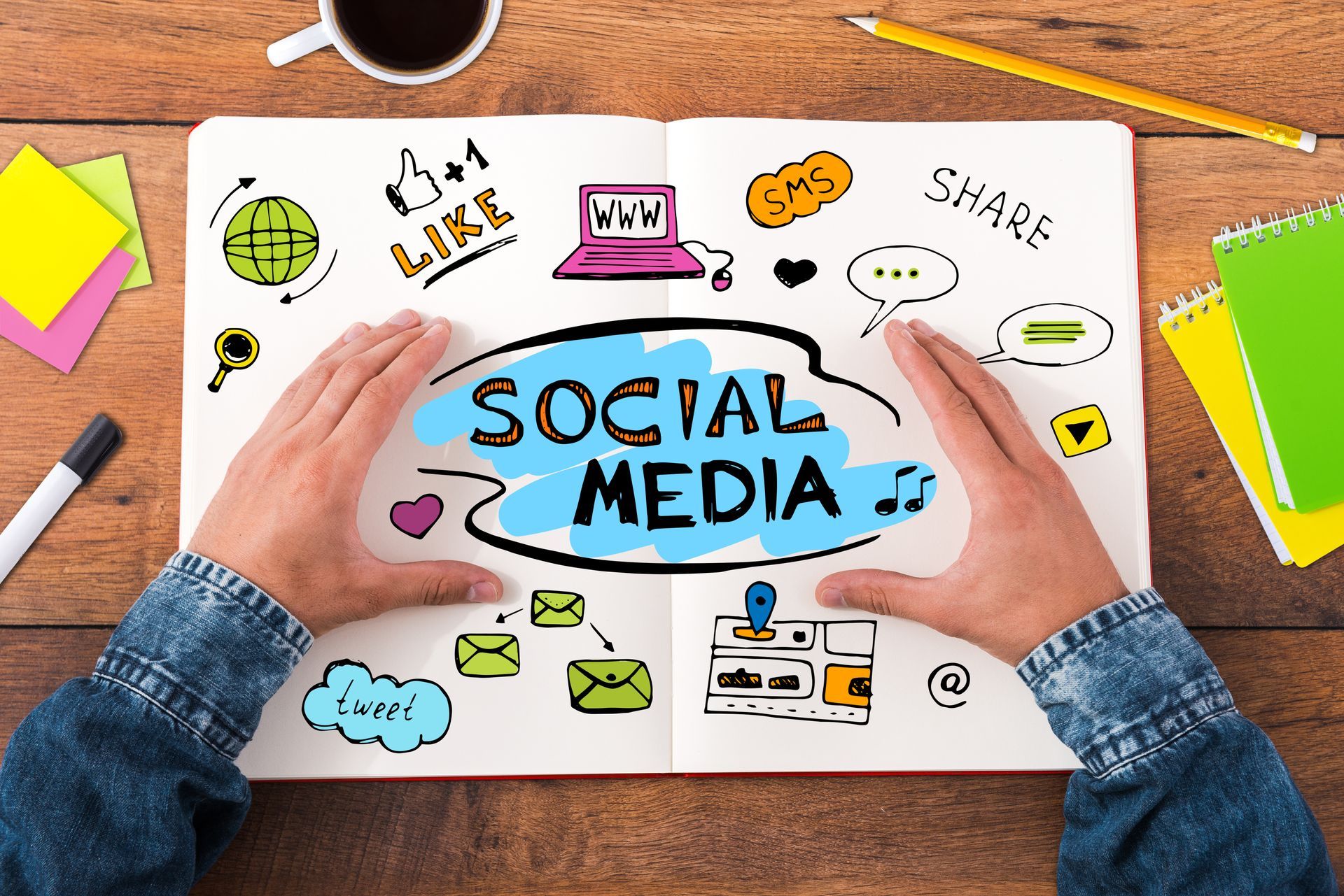 Hands framing a SOCIAL MEDIA sign with colorful icons on a desk