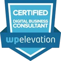 Blue shield logo reading “Certified Digital Business Consultant” with “wpelevation” across the bottom
