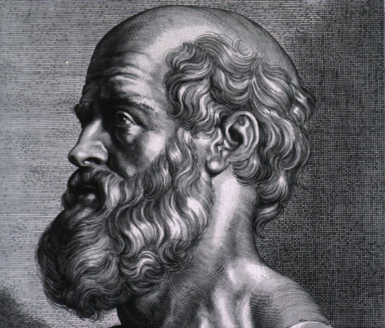 A black and white drawing of a man with a beard.