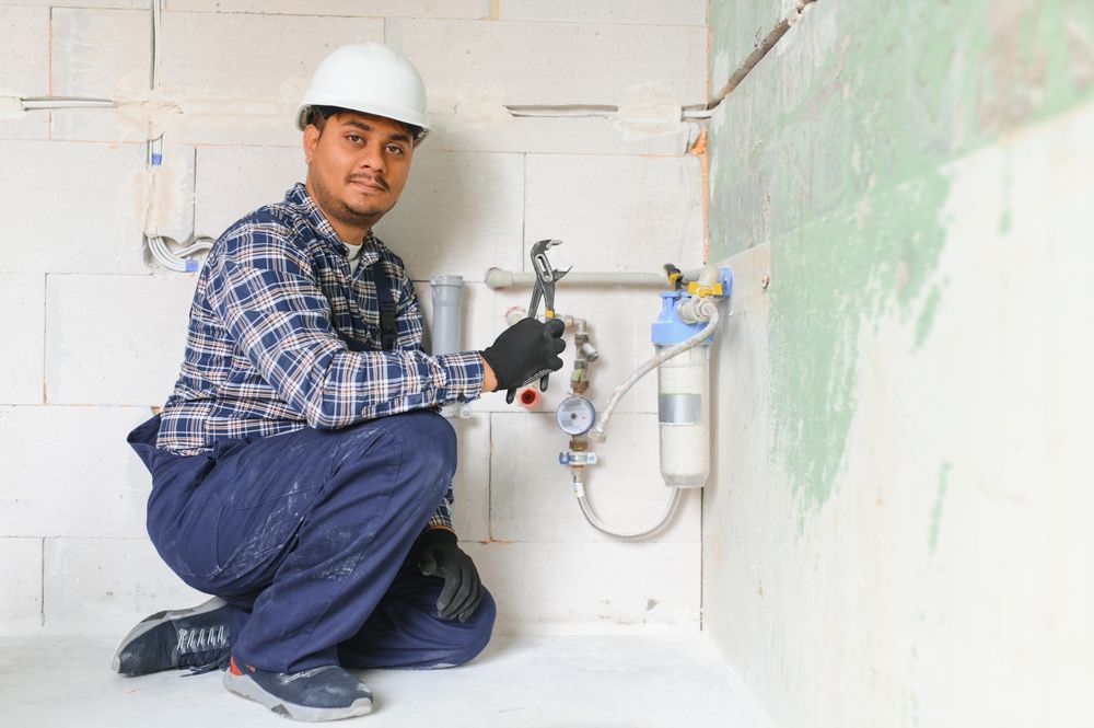 plumber installing a water filter 