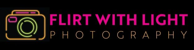 Logo with colorful camera icon and pink text reading “FLIRT WITH LIGHT PHOTOGRAPHY” on a black background