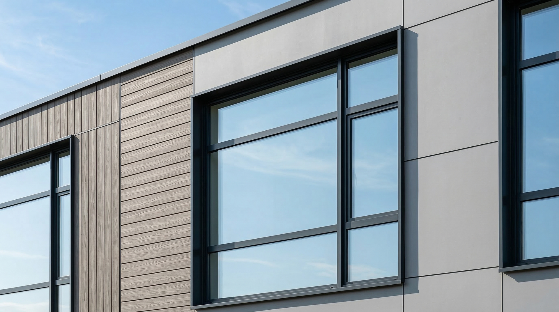 Modern building exterior featuring light grey panels, vertical wood slats, and dark-framed windows against a blue sky.