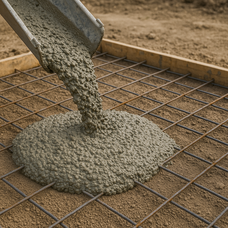 Wet gray concrete pours from a metal chute onto a wire mesh grid inside a wooden frame on a dirt construction site.