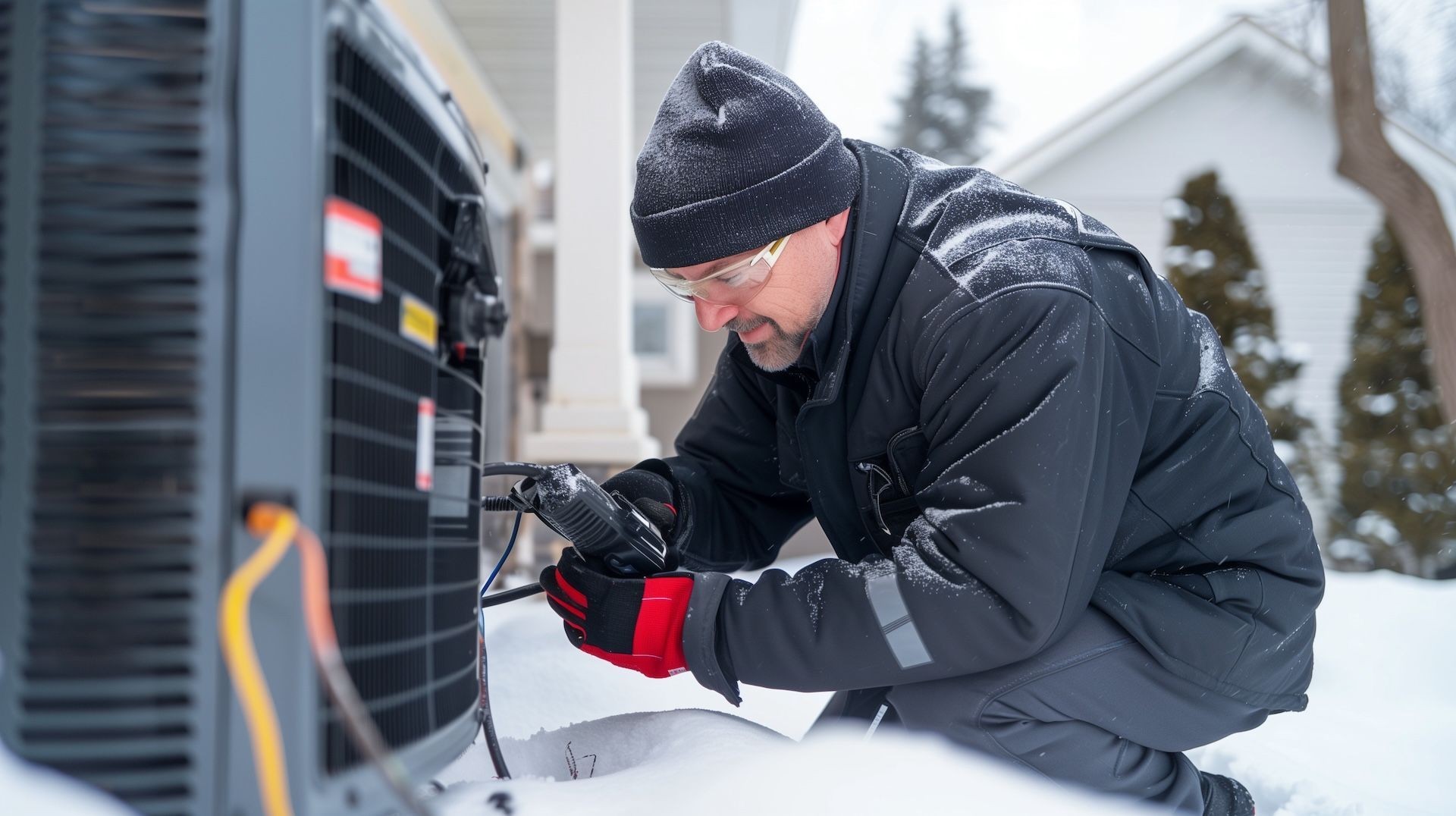 HVAC technician in winter gear repairs an outdoor unit in the snow.