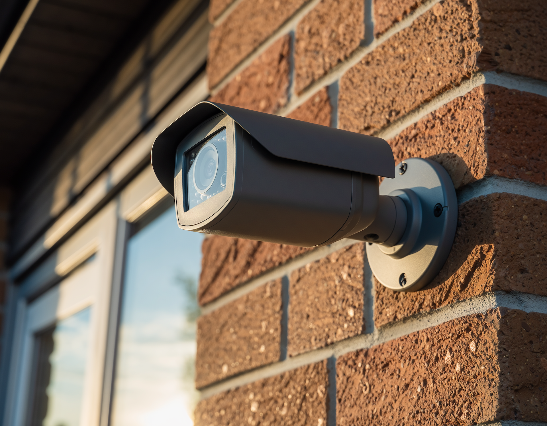 Security camera mounted on a brick wall, near a window, angled toward the viewer.