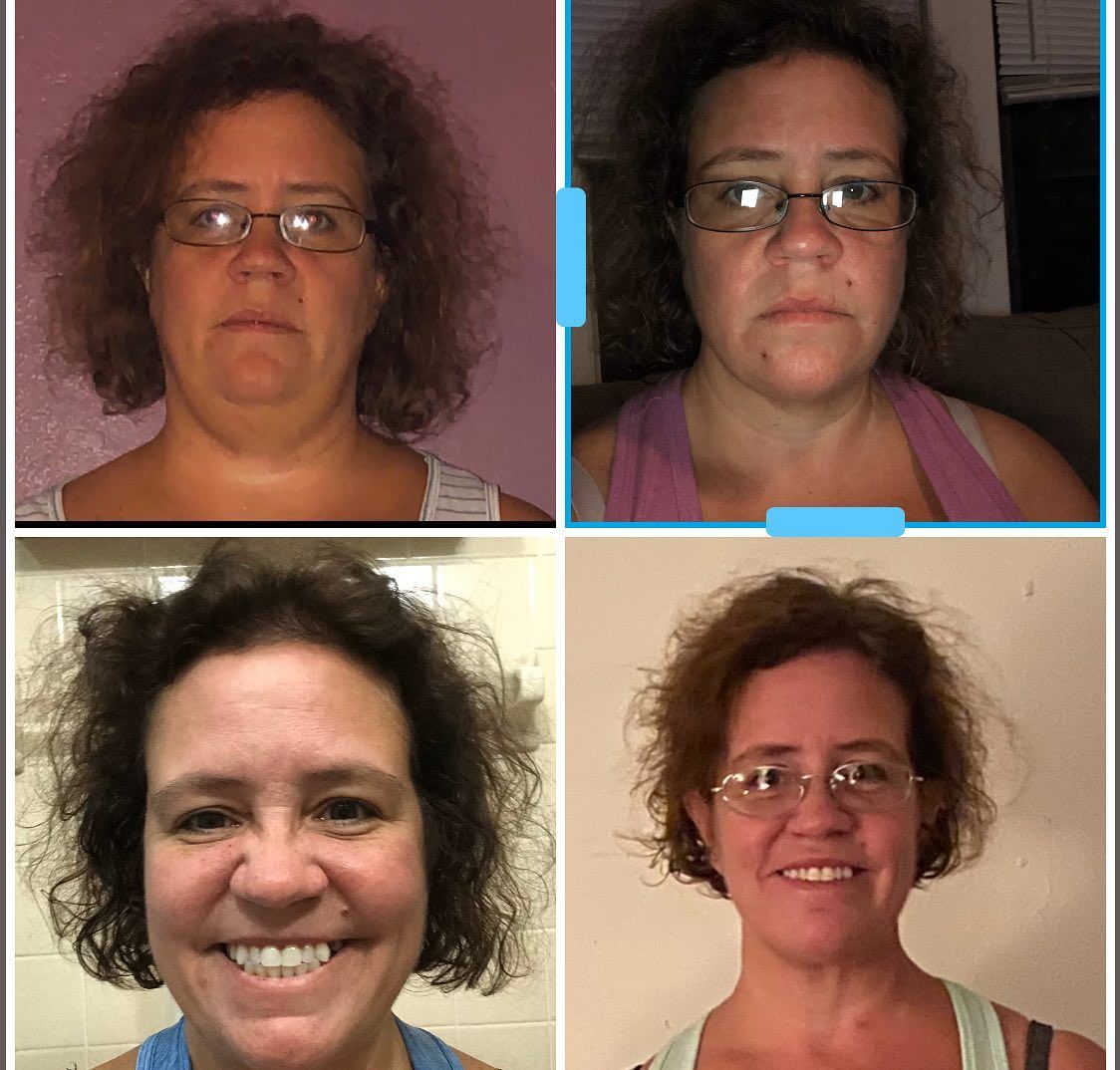 Four selfies of the same person, showing different facial expressions and lighting.