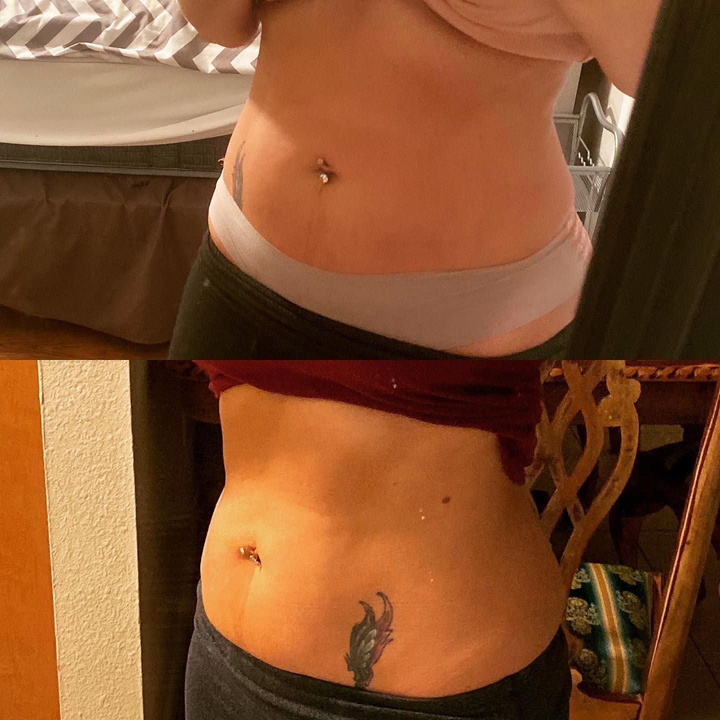 Close-up of a tattooed torso wearing a dark top and light waistband, standing indoors.