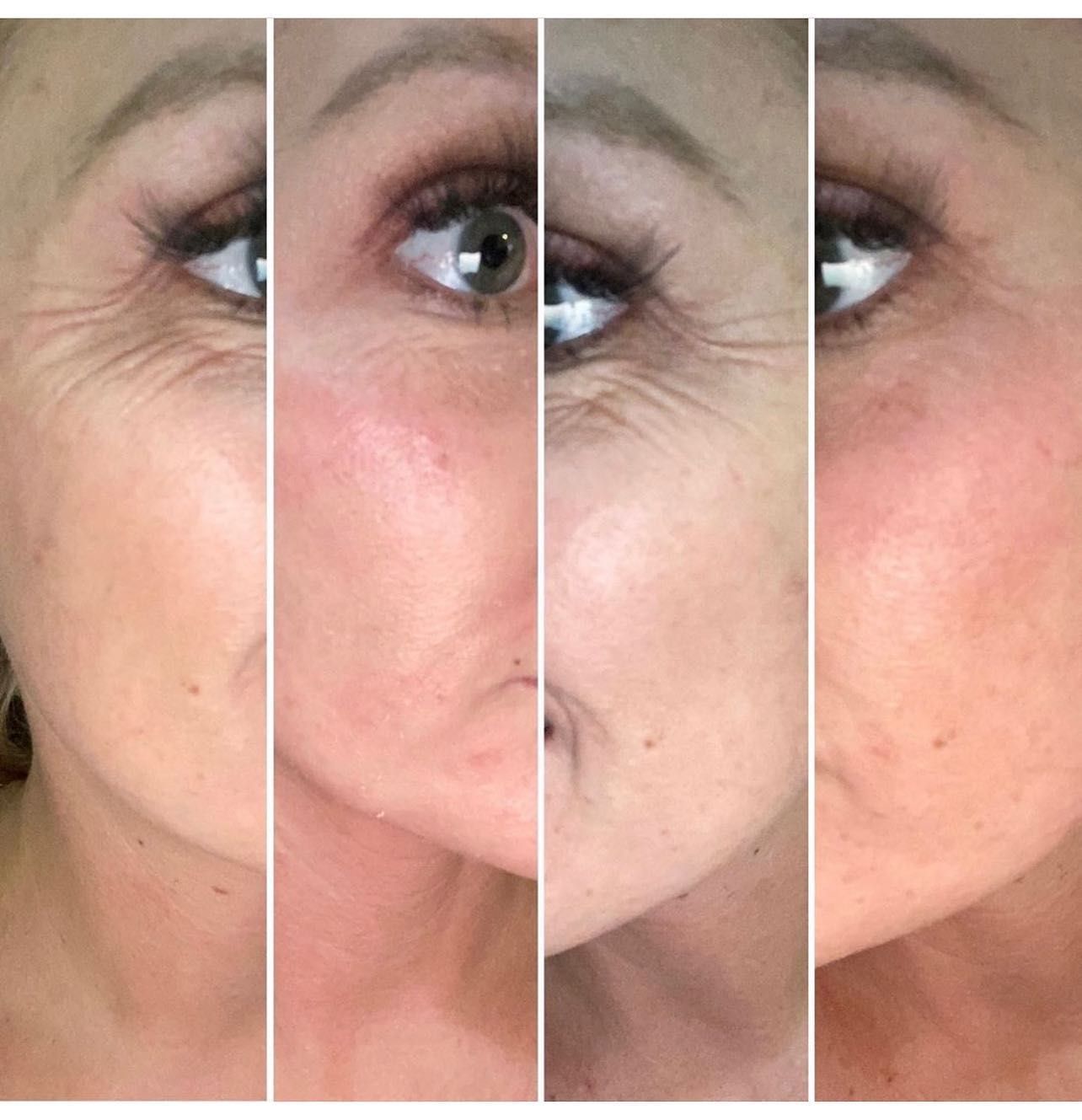 Close-up collage of a woman's face in four vertical slices, showing varying skin tones and makeup.