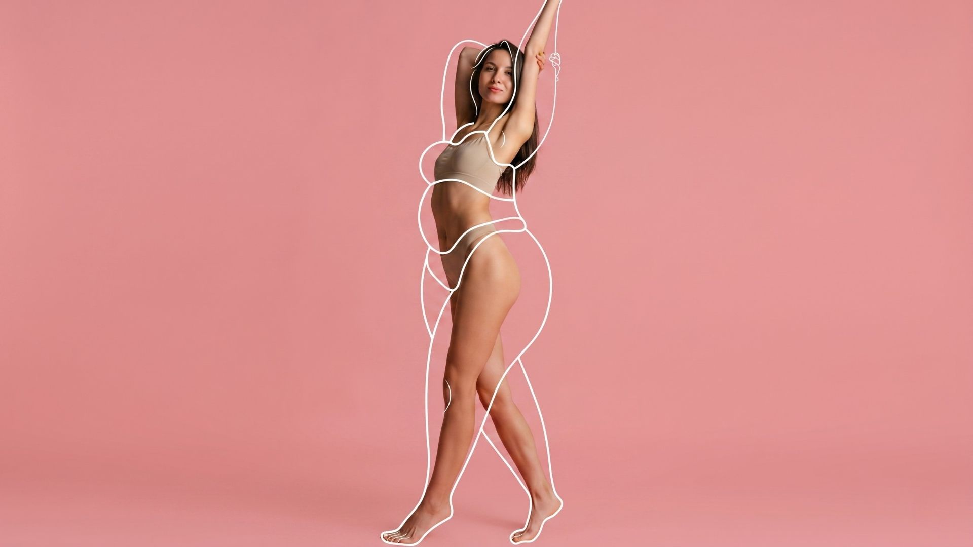 Woman posing in black lingerie against a pink studio backdrop, outlined by white contour lines.