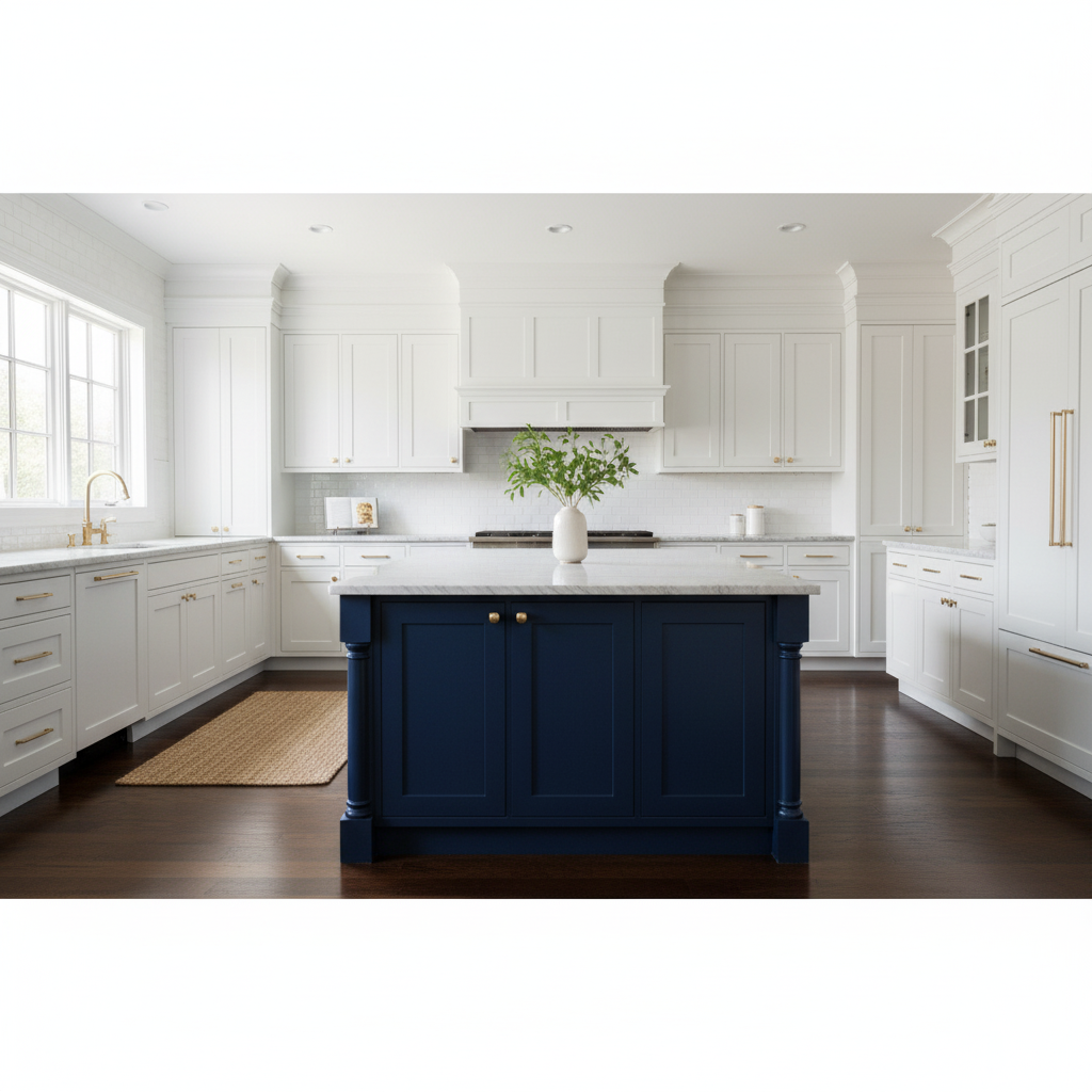 White kitchen with navy blue island, dark wood floor.