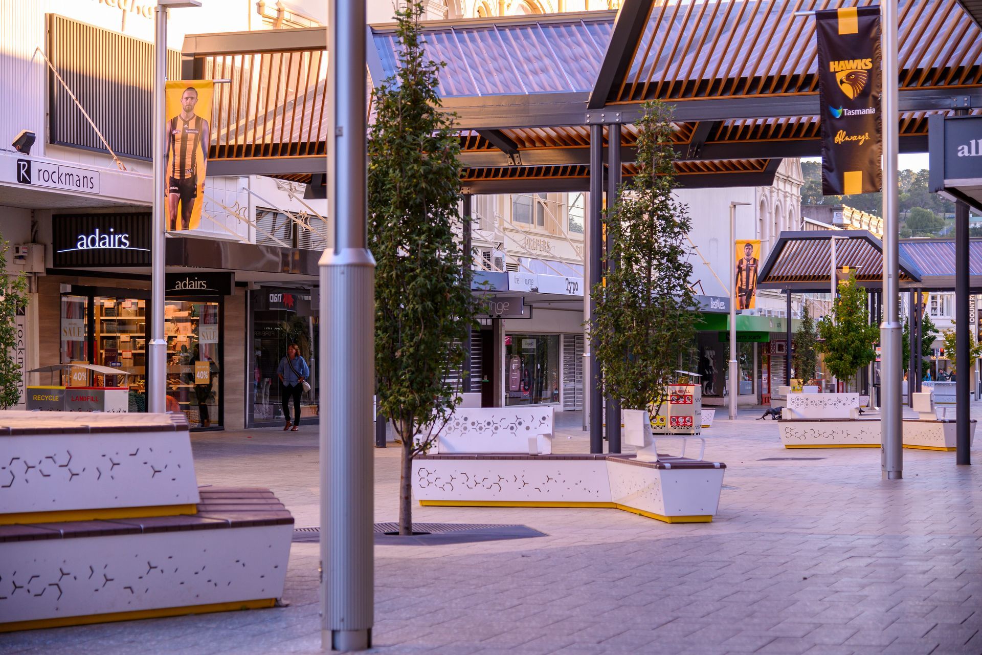A city street with a lot of trees and benches.