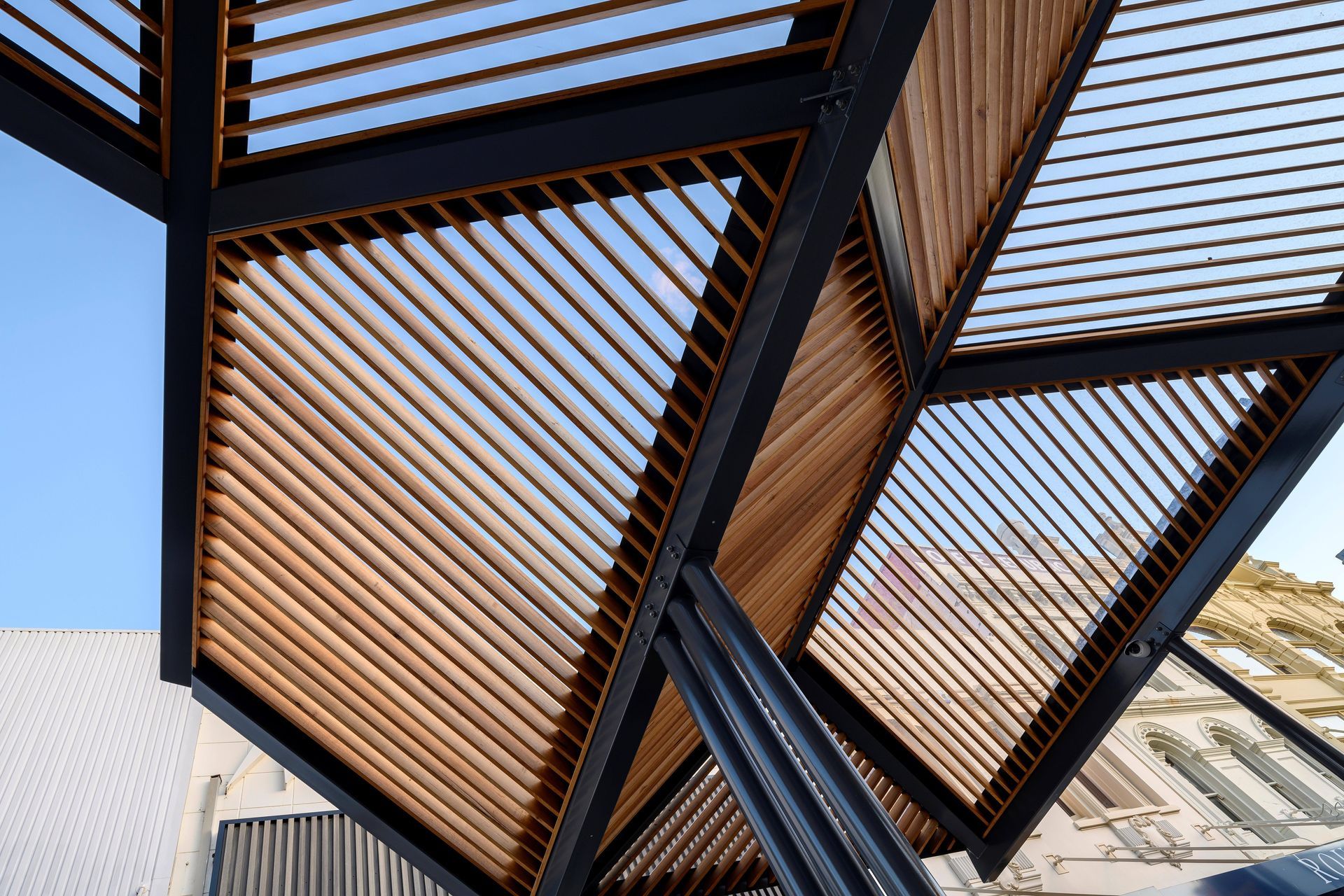 Architectural installation at Launceston City Mall featuring slatted roofing made from Tasmanian Oak
