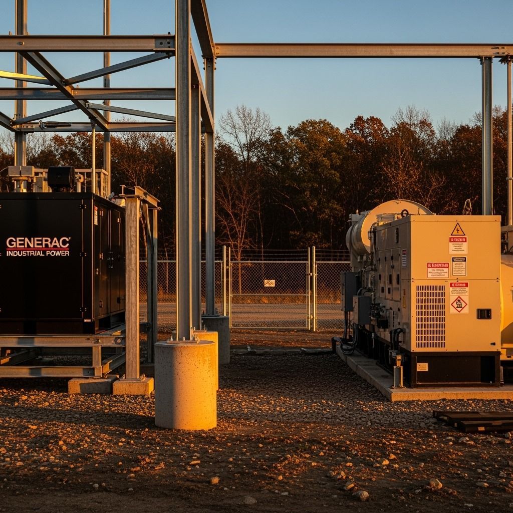 Generac generator units under a steel frame structure, outdoors in a field setting.