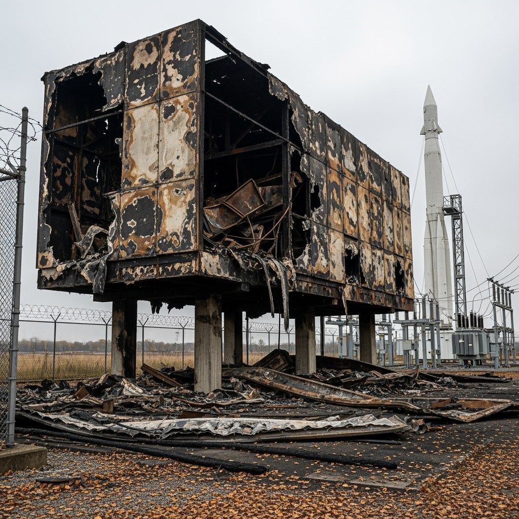 Burnt, damaged industrial building on concrete stilts, with a rocket in the background.  Fallen leaves and a fence in the foreground.