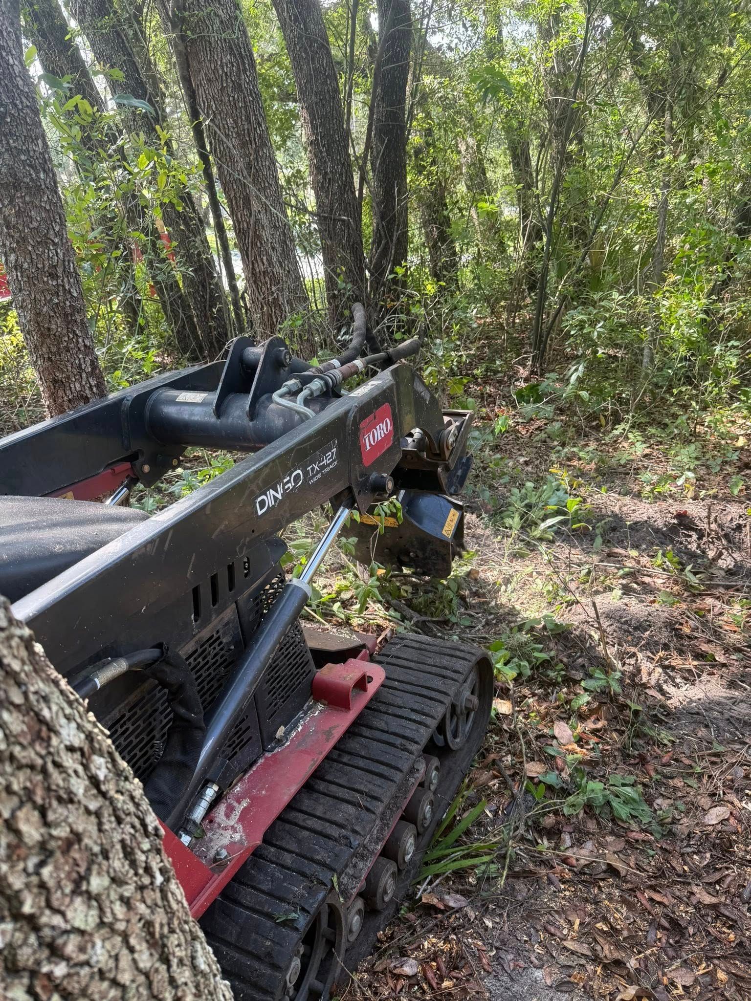 A small track loader with a tree shear attachment, clearing trees in a wooded area.