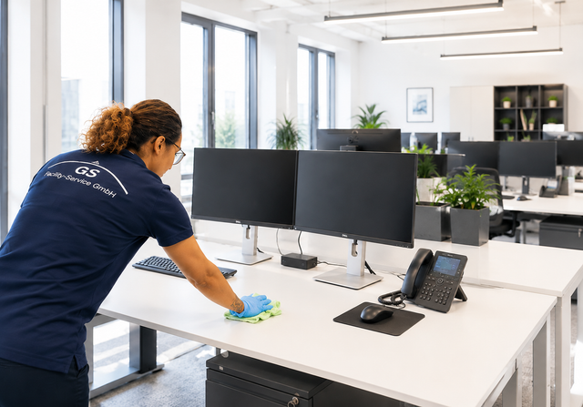 Person wischt in einer Büroumgebung einen Schreibtisch mit zwei Monitoren mit einem Tuch ab.