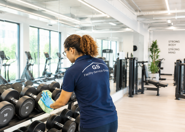 Eine Person reinigt ein Fitnessstudio mit Spiegeln, Reihen von Gewichten und Trainingsgeräten.