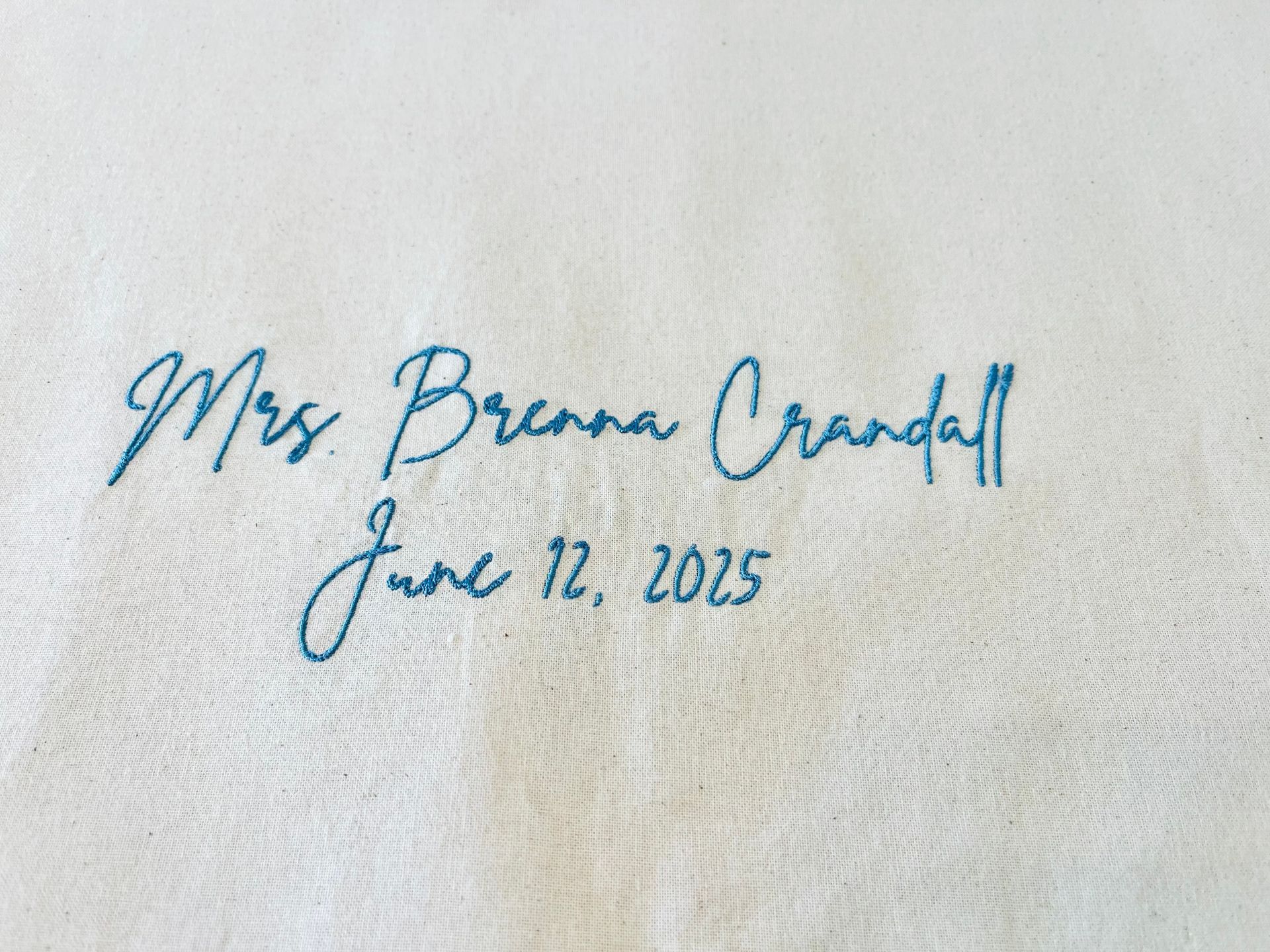 Embroidered text on fabric: 