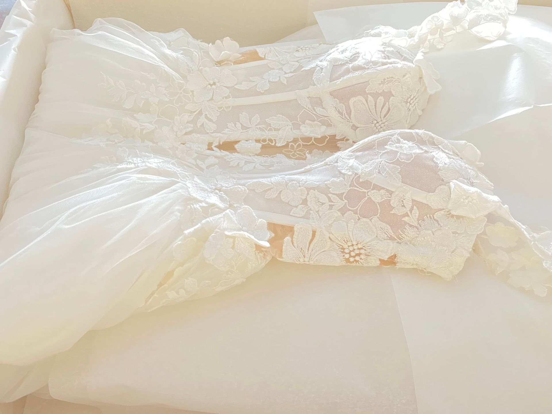 White wedding dress with lace detail, inside a box.