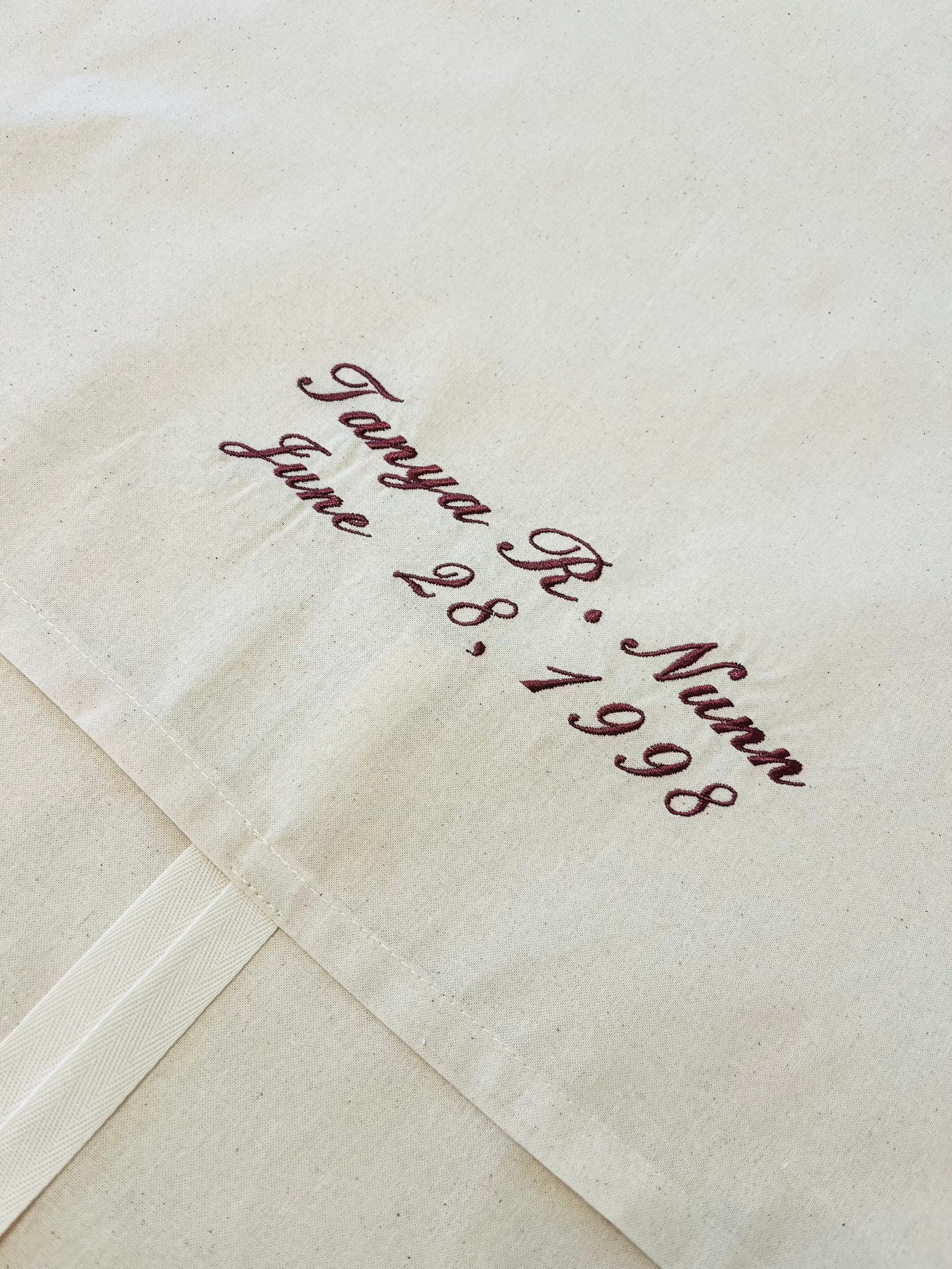 Embroidered text on fabric: 