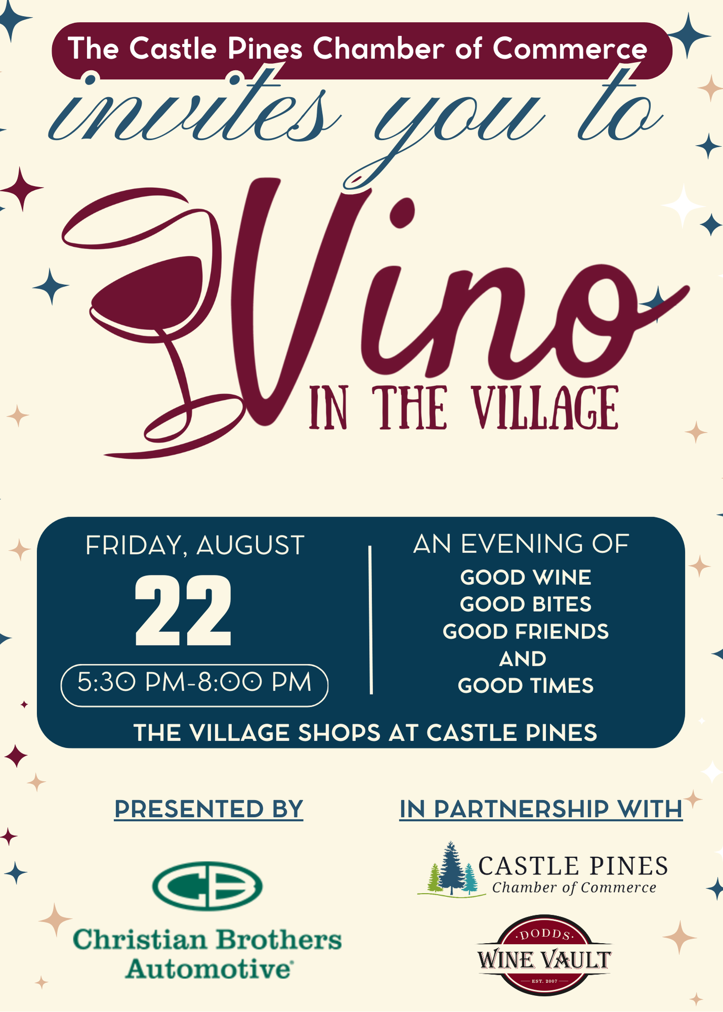 The castle pines chamber of commerce invites you to vino in the village.