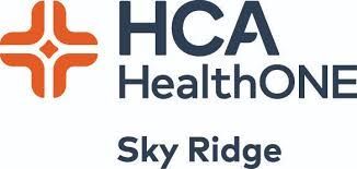 The logo for hca healthcare sky ridge is blue and orange.