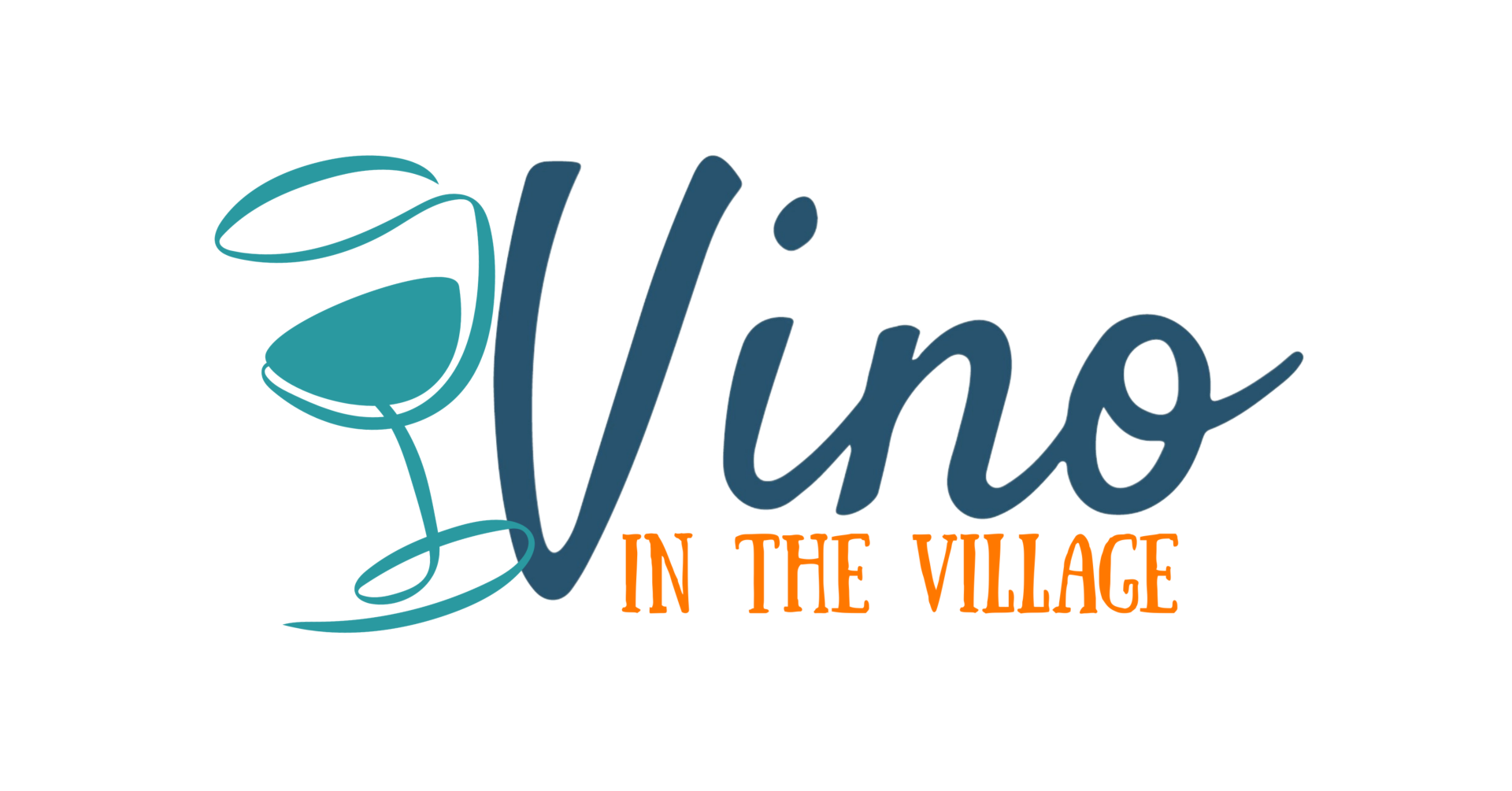 A logo for vino in the village with a wine glass in the middle.