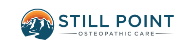 The logo for still point osteopathic care shows a mountain and a river.