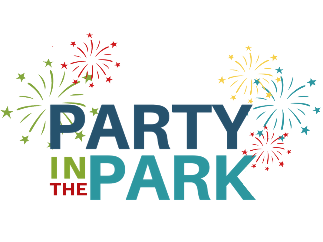 The logo for party in the park with fireworks in the background.