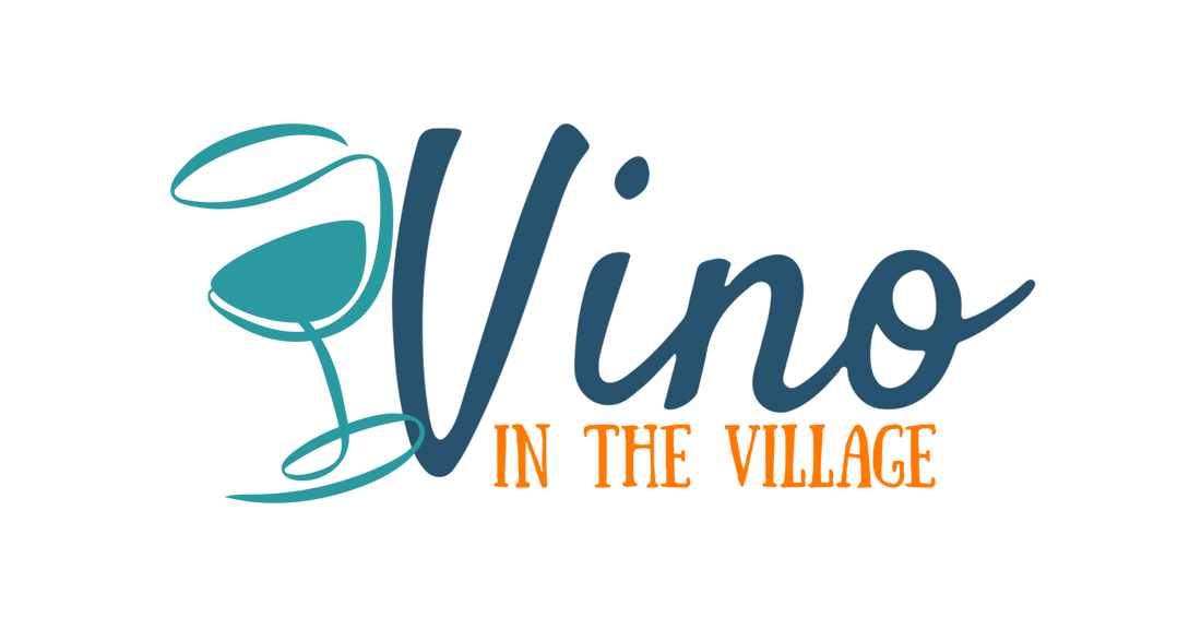 The logo for vino in the village has a glass of wine on it.