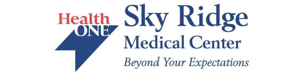 The sky ridge medical center logo is blue and red