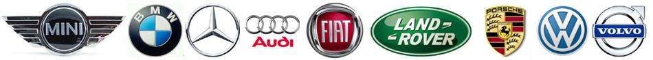 A horizontal row of logos for car manufacturers: MINI, BMW, Mercedes-Benz, Audi, Fiat, Land Rover, Porsche, VW, and Volvo.