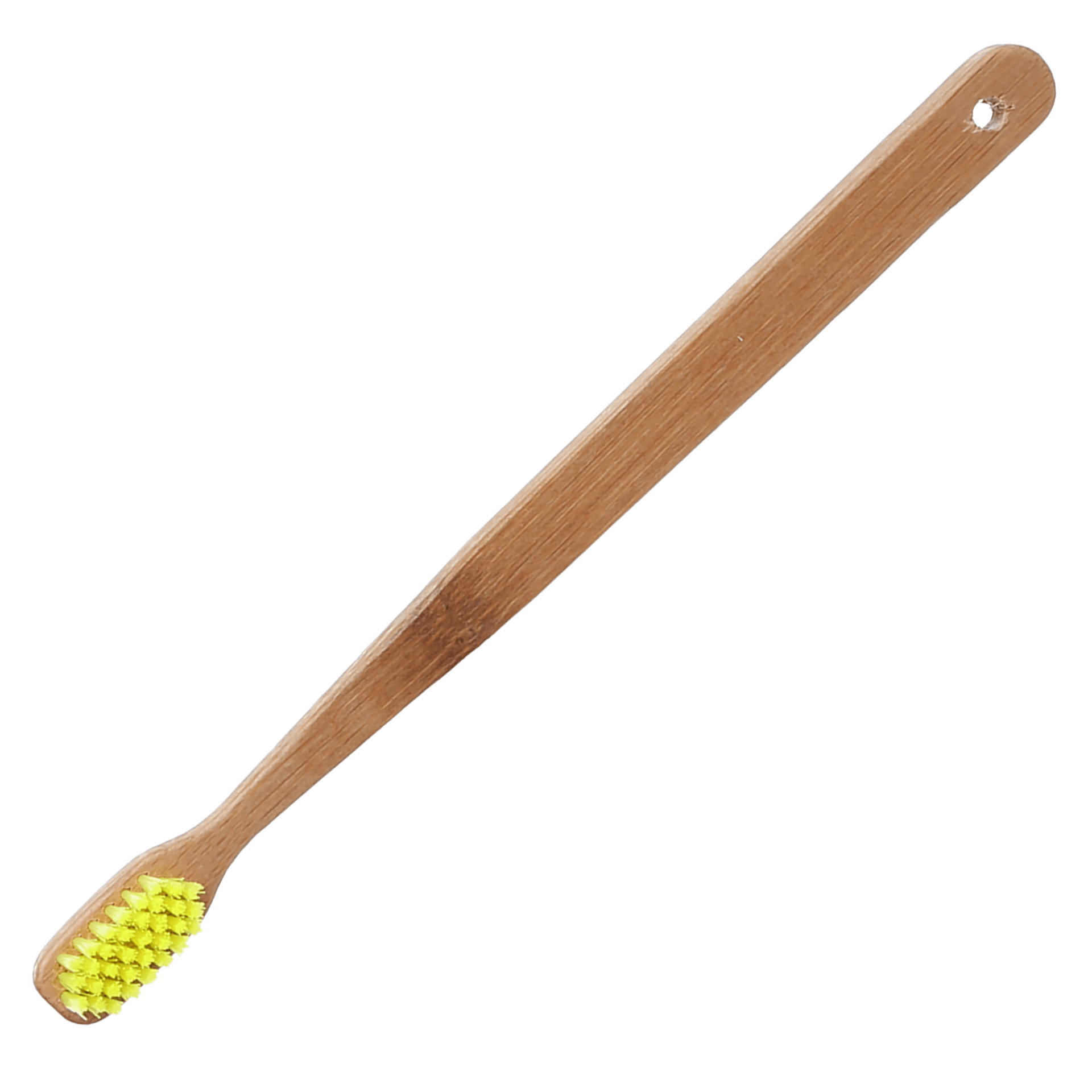 Brosse à vaisselle à long manche, à poils jaunes et à manche en bois.