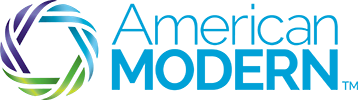 Logo for American Modern featuring a circular, multicolored swirl icon next to the words
