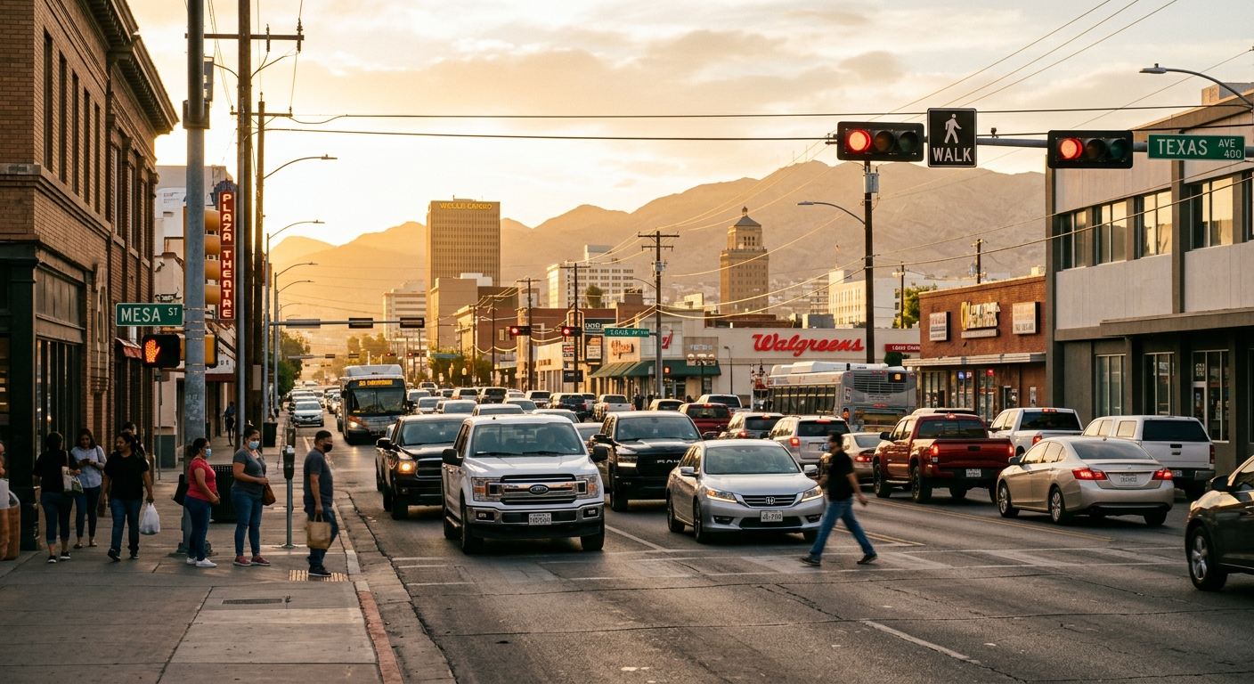 El Paso highway traffic on I-10 at dusk with the Franklin Mountains visible in the background