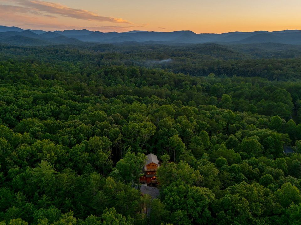 Sunset over dense green forest with distant hills and a small temple nestled in the trees