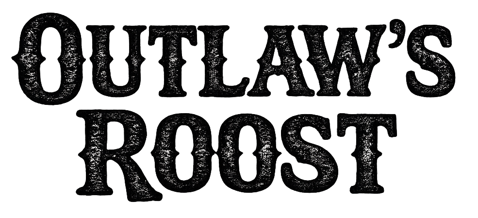 Black vintage-style text reading “Outlaw’s Roost” on a white background