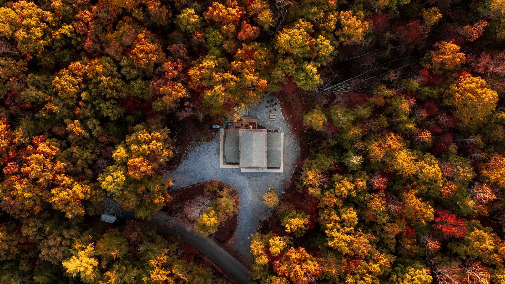 Aerial view of a small house surrounded by dense autumn forest in orange, yellow, and red hues.