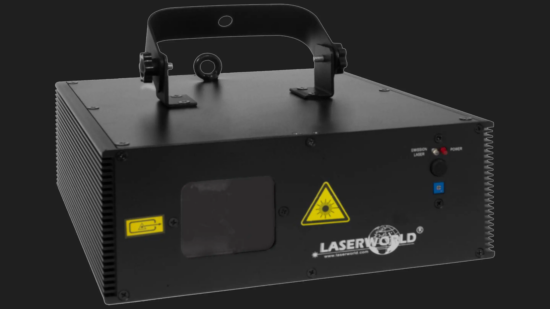 Black Laserworld Laser Light Projector With A Yellow Warning Triangle — Inspired Audio Visual in Coffs Harbour, NSW