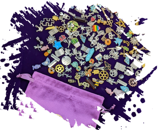 A purple bag filled with lots of different types of charms