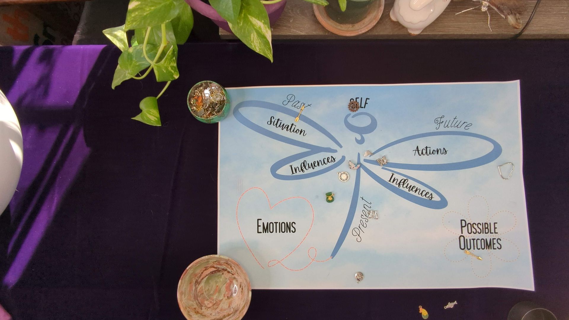 dragonfly charm casting mat with charms laid out on them