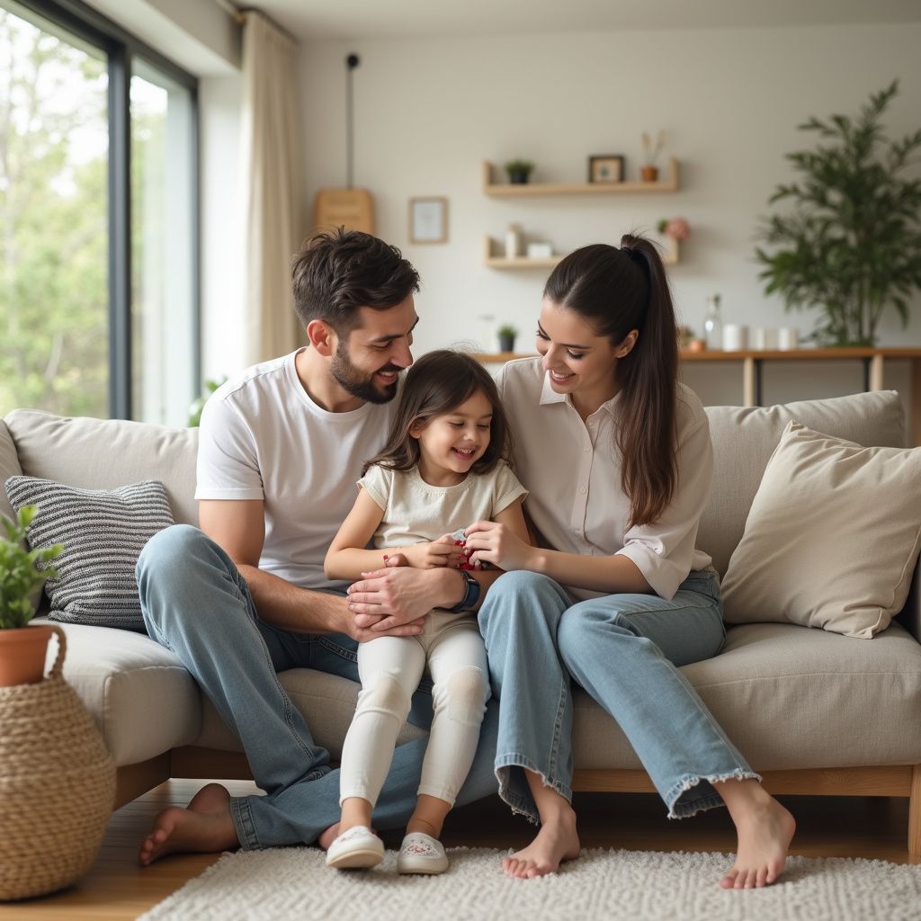 Family of three smiling on a beige couch in a bright living room.