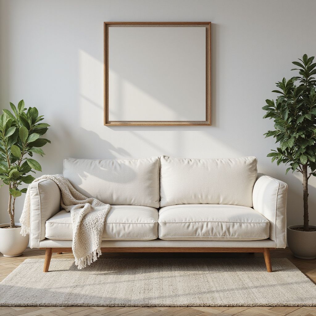 Off-white couch with blanket, two potted plants, and blank framed art on white wall.