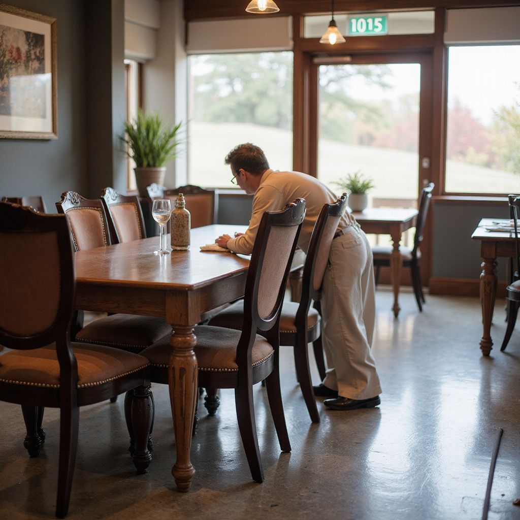 A person sets a table in a restaurant. Brown wood furniture. Large window, exterior view.