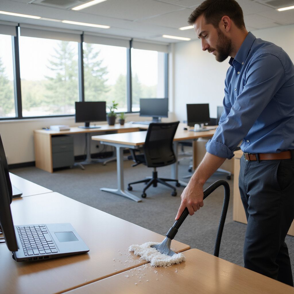 Man vacuuming a desk in an office with computers and windows.