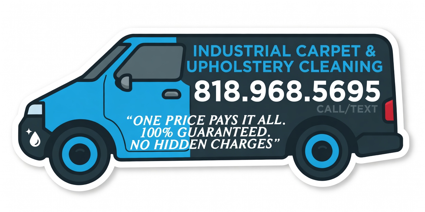An industrial carpet and upholstery cleaning van with a phone number