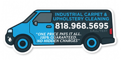 An industrial carpet and upholstery cleaning van with a phone number