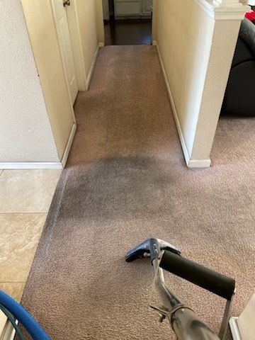 A vacuum cleaner is cleaning a carpet in a hallway.