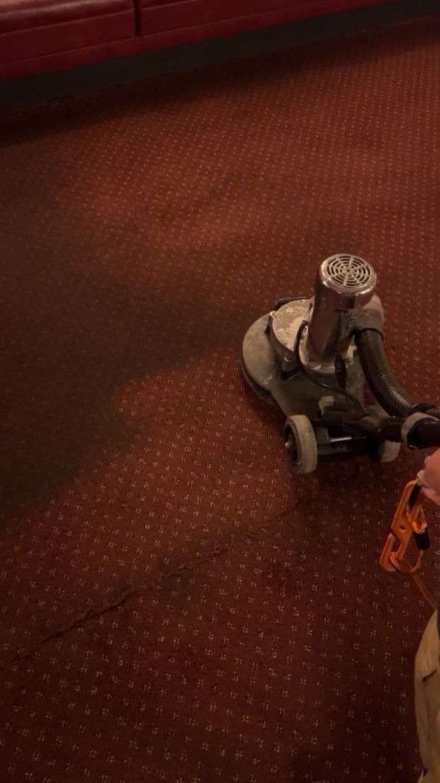 A person is using a machine to polish a red carpet.